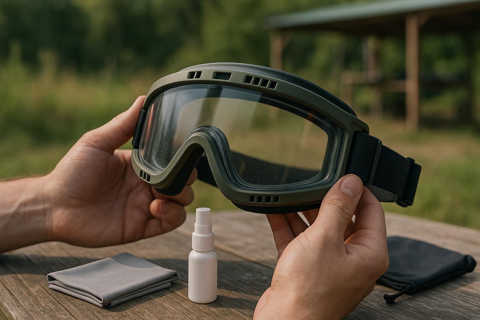 Player cleaning sealed airsoft eye protection beside a gear bag before a game